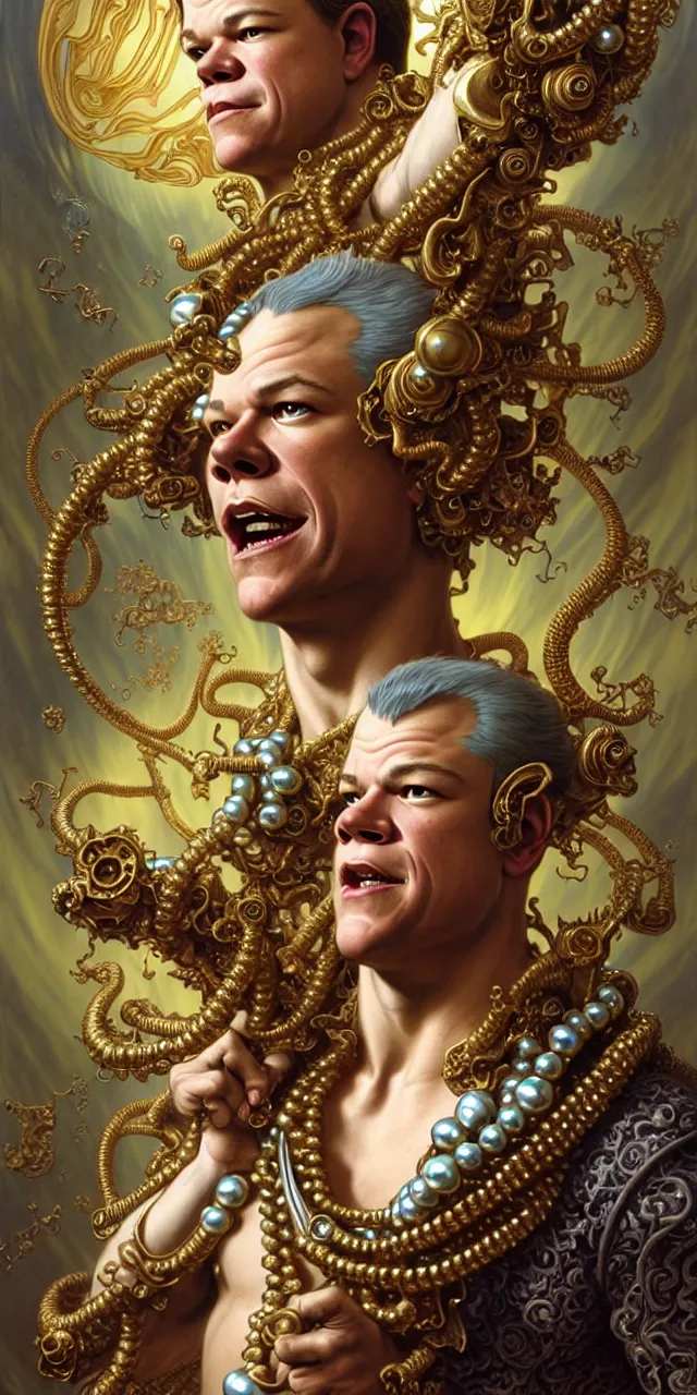 Prompt: handsome matt damon baroque rococo fantasy character portrait, ultra realistic, intricate details, the fifth element artifacts, highly detailed by peter mohrbacher, hajime sorayama, wayne barlowe, boris vallejo, aaron horkey, gaston bussiere, craig mullins alphonse mucha, rococo curves swirls and spirals, flowers pearls beads crystals jewelry goldchains scattered