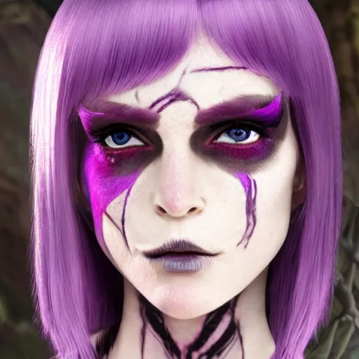 Image similar to a frightening, beautiful elf with violet skin, a scarred face, a bob haircut, and bushy eyebrows, smirking, in the style of gary frank