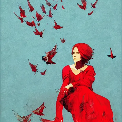 Prompt: portrait of a daydreaming melancholic latin woman in red habit being progressively rasterized into pixels from another world, she is surrounded by digital birds, oil on canvas game poster by yoji shinkawa, esao andrews, dave mckean and stina persson