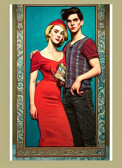 Prompt: oil portrait of jughead jones and betty cooper, intricate, elegant, highly detailed, lighting, painting, artstation, smooth, illustration, art by greg rutowski and alphonse mucha