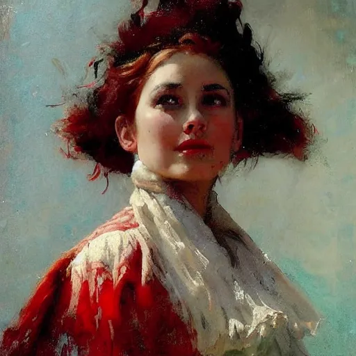 Image similar to Solomon Joseph Solomon and Richard Schmid and Jeremy Lipking victorian genre painting portrait painting of a happy young beautiful woman traditional german french actress model old west character in fantasy costume, red background