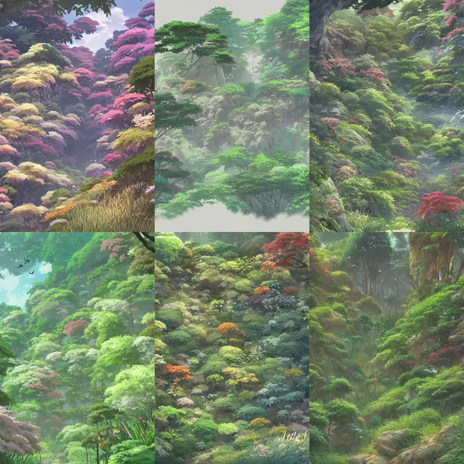 Prompt: a sheet of beautifully rendered vegetation and foliage concepts which are hand painted, in the style of studio ghibli and makoto shinkai, by Kazuo Oga