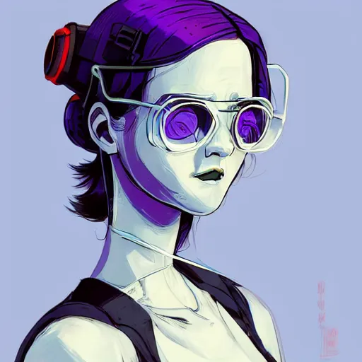 Prompt: Highly detailed portrait of a cyberpunk young lady with, freckles and cool hair by Atey Ghailan, by Loish, by Bryan Lee O'Malley, by Cliff Chiang, inspired by image comics, inspired by graphic novel cover art, inspired by nier!! Gradient purple, silver, black and white color scheme ((grafitti tag brick wall background)), trending on artstation