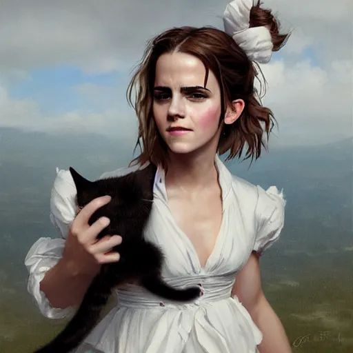 Image similar to detailed painting of emma watson wearing a cat maid outfit, 8 k, by greg rutkowski, artgerm, global illumination