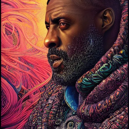 Image similar to portrait of idris elba, hyper detailed masterpiece, neon floral pattern, jean giraud, digital art painting, darkwave goth aesthetic, psychedelic, artgerm, donato giancola and tom bagshaw