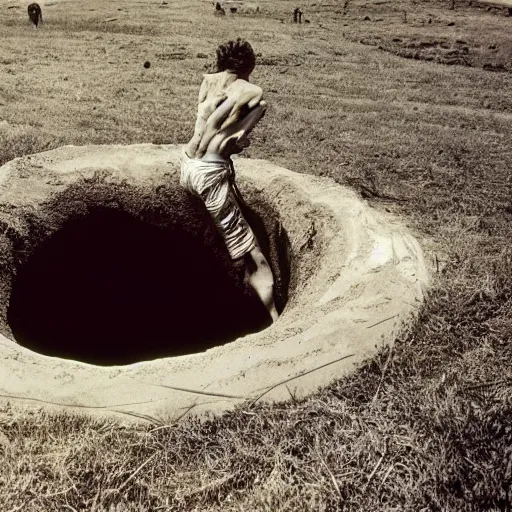 Prompt: a person laying in a huge hole. their body twisted unnaturally. ap photograph 1 9 7 5