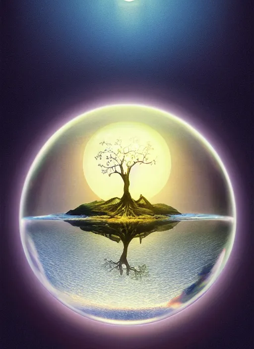 Image similar to transparent horizontally centered crystal ball floating over a serene lake, tree of life inside the ball, intricate details, radiant light, reflections on the water, ripples, moody sky, hyperdetailed illustration by yuumei, by mark brooks, john harris, artstation, low global light, coherent composition