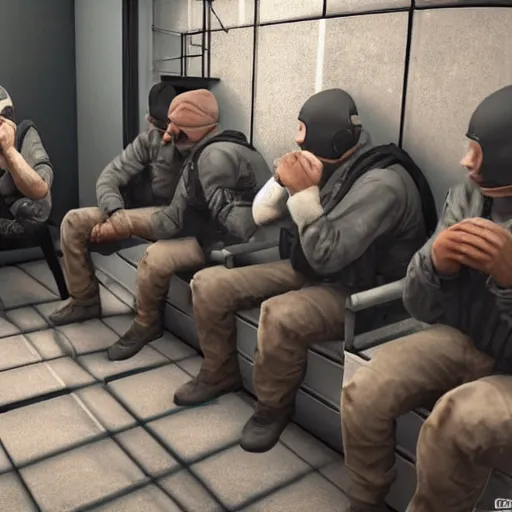 Prompt: photorealistic picture of 5 guys playing counter strike in small room in a team called okayboomers raging and drinking coffee, russia, diversity, grayscale, masterpiece