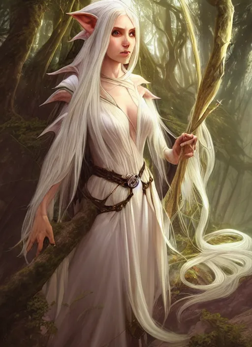 Image similar to portrait of a fantasy elf female sorceress queen with long white hair flowing wind in an ancient forest filled with magic, highly detailed, digital painting, artstation, smooth, sharp focus, illustration, art by artgerm and greg rutkowski and alphonse mucha