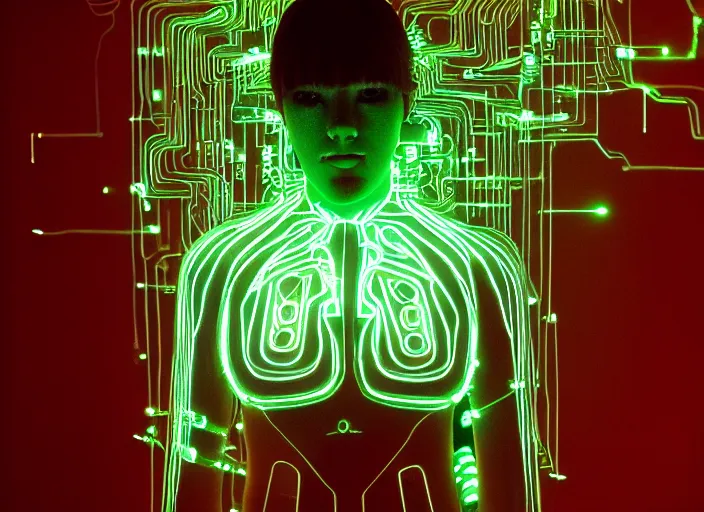 Image similar to symmetry!! a 2 8 mm macro photograph of a beautiful cyborg covered in glowing circuits, photography, film, film grain, canon 5 0 mm, cinematic lighting