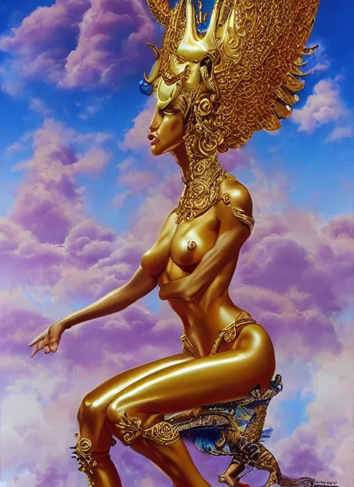 Image similar to airbrush painting of an amazing golden queen seated over a fantasy throne, by hajime sorayama and boris vallejo, realistic, hyperdetailed, centered, fantastic, masterpiece, trending on artstation,