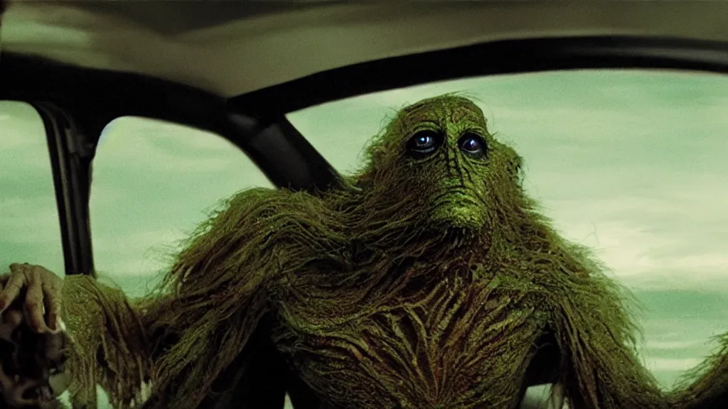 Prompt: the creature sits in a car, made of glowing wax, they look me in the eye, film still from the movie directed by Denis Villeneuve and David Cronenberg with art direction by Salvador Dalí, wide lens