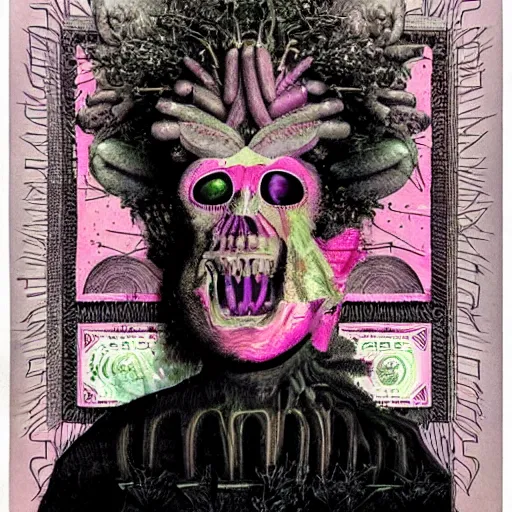 Image similar to post - punk new age album cover, asymmetrical design, frame of dollar bank notes, capitalism, magic, apocalypse, psychedelic, black white pink, magic, giger h. r., giuseppe arcimboldo