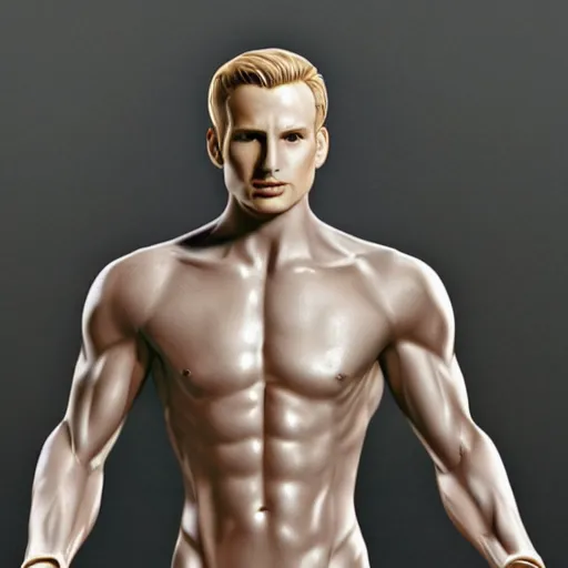 Prompt: a realistic detailed photo of a guy who is a male android, chris evans, muscular, shiny skin, posing like a statue, blank stare