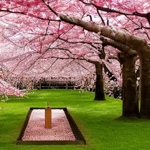 Prompt: perfume buried in cherry - blossom petals with a blurred floral garden in the background