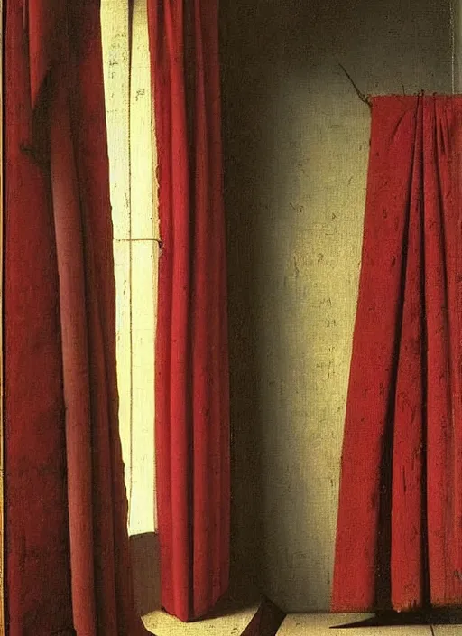 Prompt: red curtain, medieval painting by jan van eyck, johannes vermeer, florence