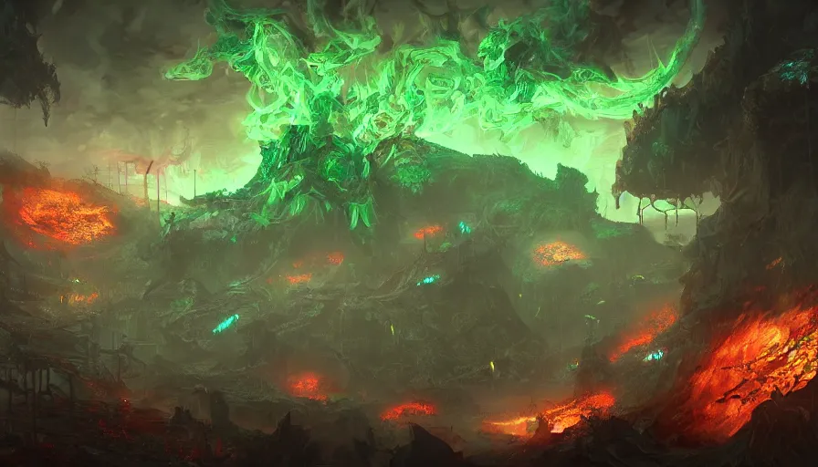 Prompt: Digital painting of Hell with green flames, a giant demon far behind and dead people walking around, hyperdetailed, artstation, cgsociety, 8k