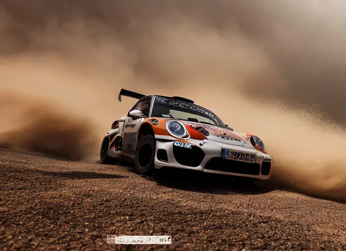 Prompt: rallye porsche in front of the camera, massive sandstorm which looks like extremely huge wave in background, wide lens