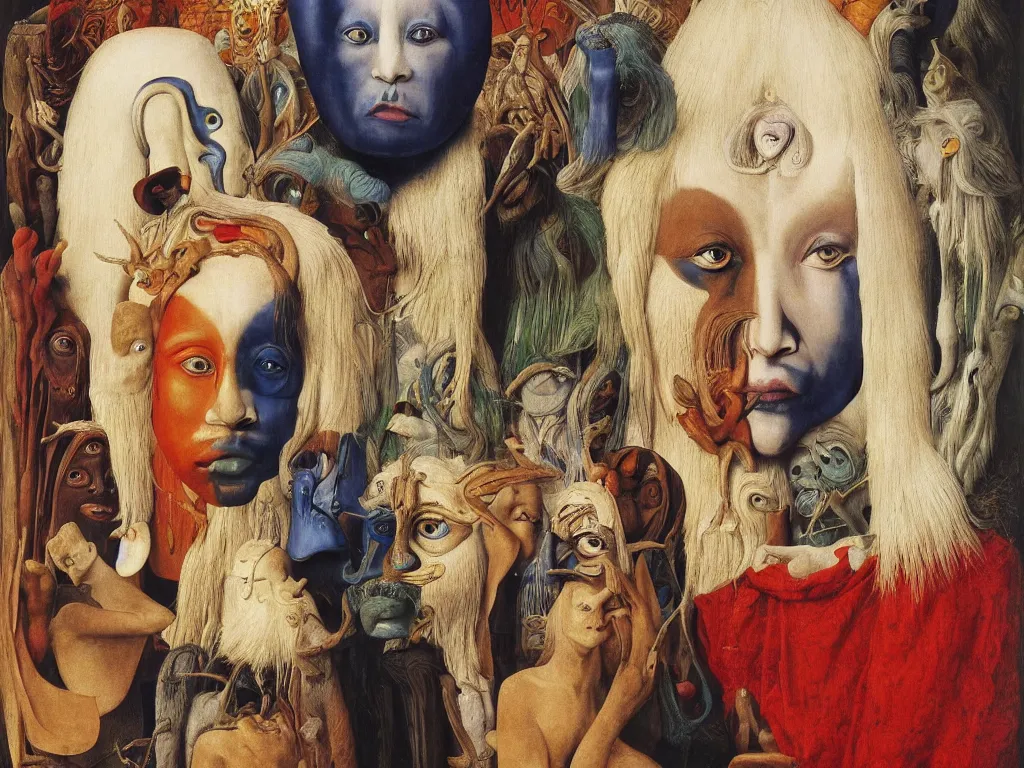 Image similar to portrait of albino mystic with blue eyes, with beautiful exotic, archaic, prehistoric, African Oceanian masks, sculptures. Painting by Jan van Eyck, Audubon, Rene Magritte, Agnes Pelton, Max Ernst, Walton Ford