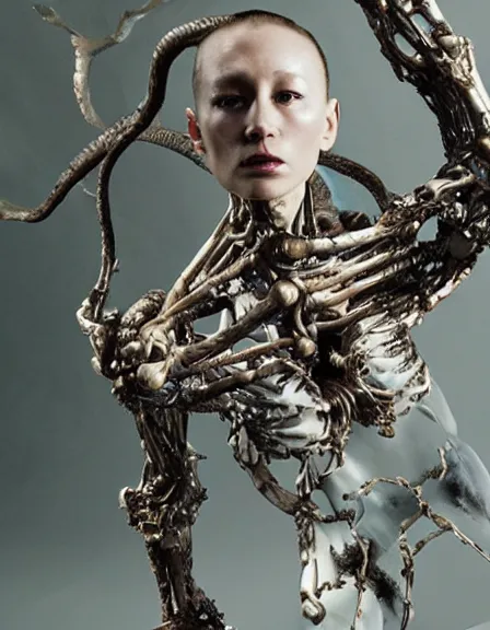 Image similar to still frame from Prometheus movie by Makoto Aida, biomechanical dryad by Iris van Herpen painted by Caravaggio and by Yoshitaka Amano by Yumihiko Amano by Makoto Aida