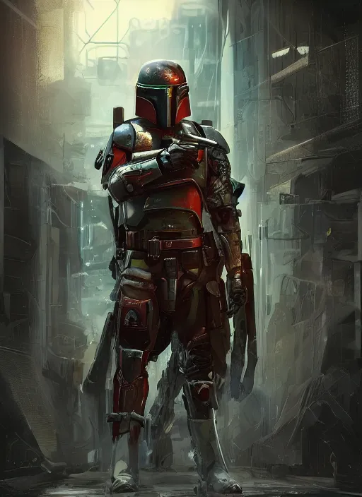 Image similar to cyberpunk cyberpunk cyberpunk x boba fett, digital art, character mashup, epic volumetric lighting, combination art