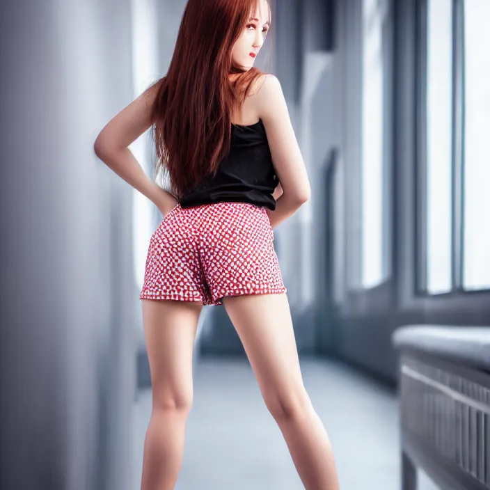 Image similar to full length photo of a real - life cute beautiful kinny young woman in hot pants, highly detailed, 8 k, hdr, smooth, sharp focus, high resolution, award - winning photo