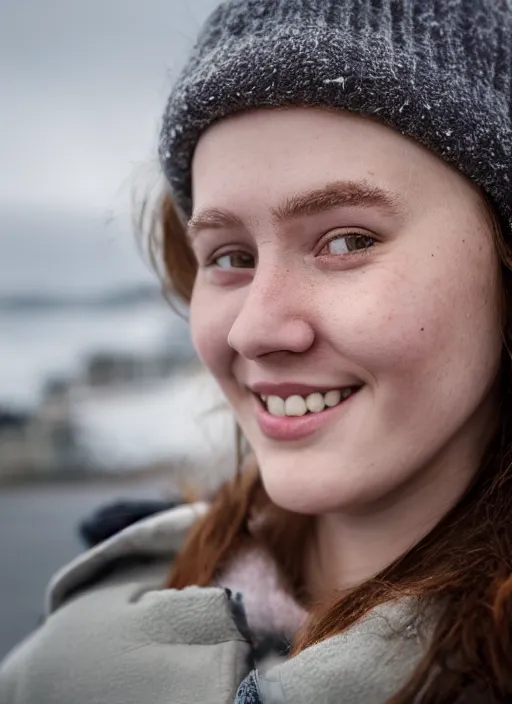 Prompt: Mid-shot portrait of a beautiful 20-year-old woman from Iceland, smile, happy, candid street portrait in the style of Martin Schoeller award winning, Sony a7R