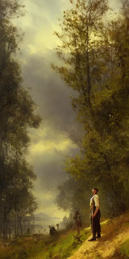 Image similar to a big hillside meadow with a little lake in 1 9 4 0 with blue light on, sunny day, a men stand up on the road, mystical orange fog, oil on canvas, art by andreas achenbach, clemens ascher, tom bagshaw and sabbas apterus,