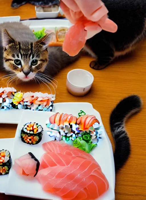 Image similar to clear photograph of cute cats stealing sushi from sushi plates