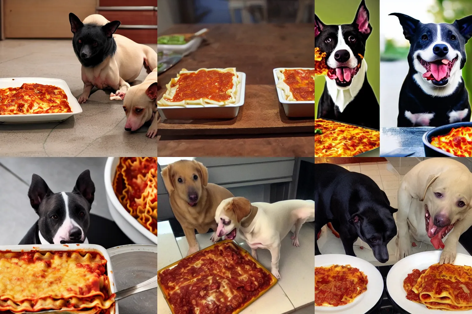 Prompt: bald dogs eating lasagna