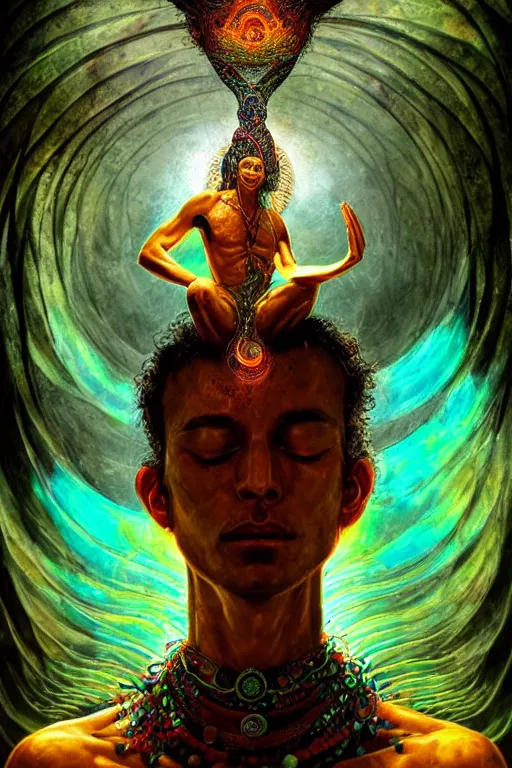 Image similar to meditating psychedelic shaman with trinket necklace, epic angle and pose, reflective pool, symmetrical artwork, ayahuasca, translucent, fungus, energy flows of water and fire, highly detailed, epic cinematic concept art, excellent composition, dystopian brutalist atmosphere, dynamic dramatic lighting, aesthetic, very inspirational, arthouse, Greg Rutkowski, Artgerm