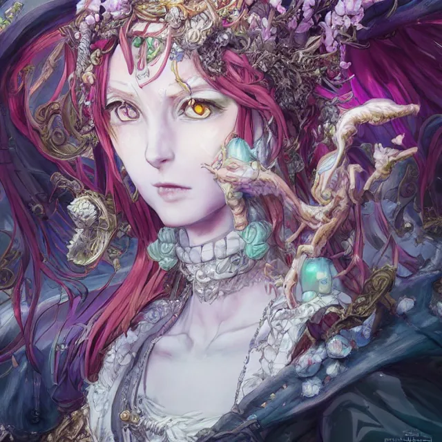 Image similar to the portrait of chaotic good female druid alchemist as absurdly beautiful, gorgeous, elegant, young anime girl, an ultrafine hyperdetailed illustration by kim jung gi, irakli nadar, intricate linework, sharp focus, bright colors, octopath traveler, final fantasy, unreal engine 5 highly rendered, global illumination, radiant light, detailed and intricate environment