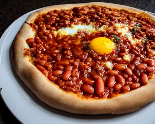 Image similar to dslr food photograph of a mouthwatering new york pizza with baked beans and egg on, 8 5 mm f 1. 4