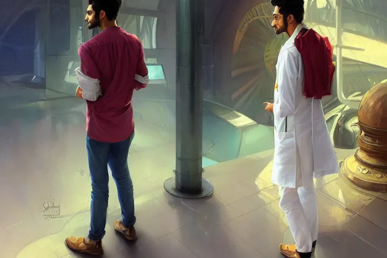 Image similar to Optimistic good looking pale young Indian doctors wearing jeans at the airport, portrait, elegant, intricate, digital painting, artstation, concept art, smooth, sharp focus, illustration, art by artgerm and greg rutkowski and alphonse mucha