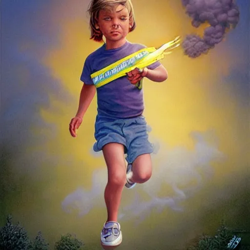 Image similar to a disappearing running child holding scissors in hand disappears evaporates dissolves into vapor, mist, smoke, a detailed matte painting by John Philip Falter and Jason Edmiston