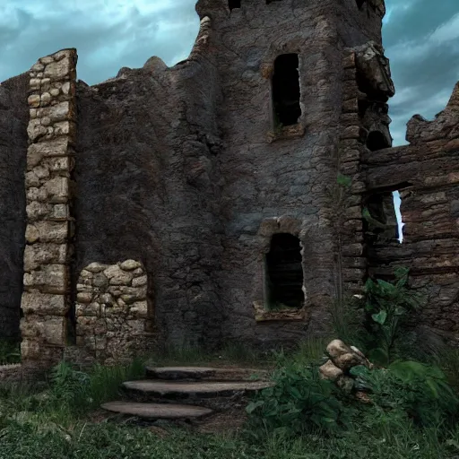 Image similar to Old ruins of a castle, Fantasy apocalypse environment, digital art, unreal engine 5, 4k