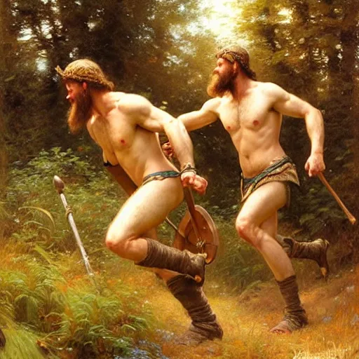 Image similar to 2 attractive male vikings frolicking in the forest. highly detailed painting by gaston bussiere, craig mullins, j. c. leyendecker, 8 k
