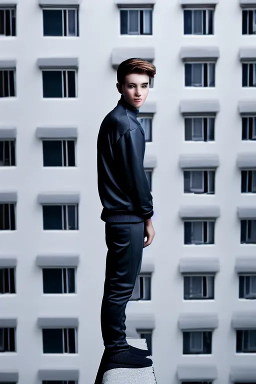 Image similar to un ultra high definition studio quality photographic art portrait of a young man standing on the rooftop of a british apartment building wearing soft padded silver pearlescent clothing. three point light. extremely detailed. golden ratio, ray tracing, volumetric light, shallow depth of field. set dressed.