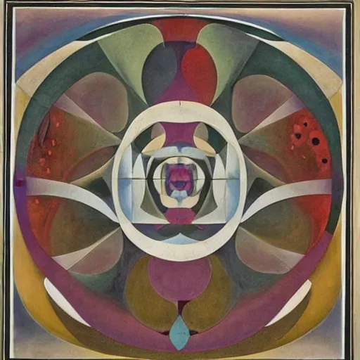 Prompt: a lost work of genius, a beautiful composition of incredibly profound symbolic art, centred, expressing the form of the formless, wondrous, benign and numinous, looking at it lightens the soul, poetic, being-in-itself, through futuristic digital paint, unitive, by M. C. Escher and by Hilma af Klint and by Wassily Kandinsky and by Henri Rousseau and by Cruella de Vil