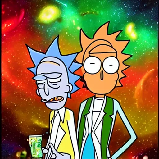 Image similar to rick and morty in a fancy interstellar nightclub dancing and drinking, partylights, great colors, by esao andrews, trending on artstation