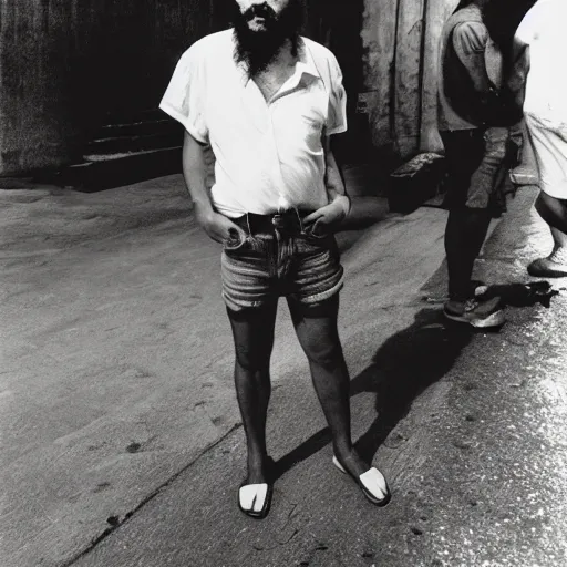 Image similar to fidel castro wearing denim shorts, full body portrait, 3 5 mm film, by nan goldin