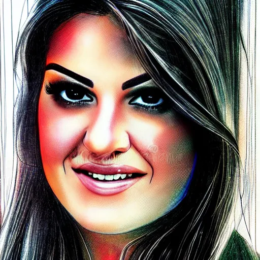 Prompt: joyful look in her eyes Maite Perroni in 2005 close-up portrait looking straight on, complex artistic color ink pen sketch illustration, full detail, gentle shadowing, fully immersive reflections and particle effects, chromatic aberration.