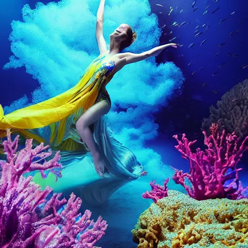 Image similar to woman dancing underwater wearing a flowing dress made of blue, magenta, and yellow seaweed, delicate coral sea bottom, swirling silver fish, swirling smoke shapes, cycles render, caustics lighting from above, cinematic, hyperdetailed