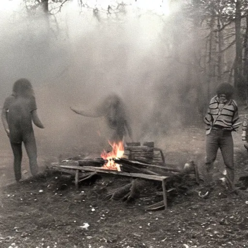 Prompt: vintage 7 0 s photo of campfire, horror, scary frightening