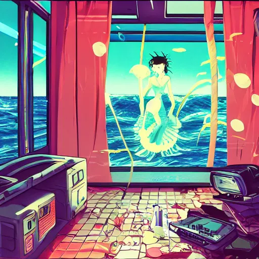 Image similar to anime background of the interior of an underwater microapartment, a loft bed, book case, computer desk, various coral seashells overtaking it, nostalgia, vaporwave, litter, steampunk, cyberpunk, water caustics, anime, vhs distortion, dynamic shot, cinematic, letterbox, and an overall mermaid aesthetic, art created by miyazaki