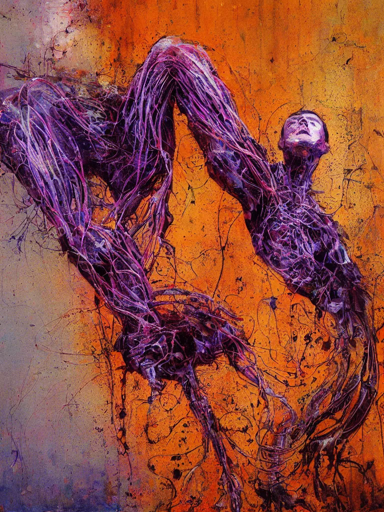 Prompt: a beautiful glitched painting by robert proch and emilio pettoruti of an anatomy book picture of the human nervous system on matrix wallpaper, color bleeding, pixel sorting, copper oxide and rust materials, brushstrokes by jeremy mann, dramatic lighting, pastel purple background