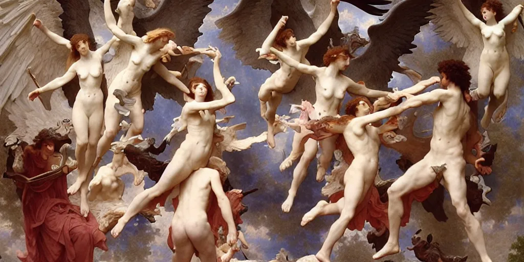 Image similar to 3 d rendered scene of the battle of angels and demons at the entrance to the fractal palace of cosmos painting by bouguereau made in unreal engine hyper realistic, beautiful face, symmetrical face, good and evil, scrollwork, silver leaf, magical, detailed intricate, heraldic design, atmosphere, beautiful, realistic, detailed