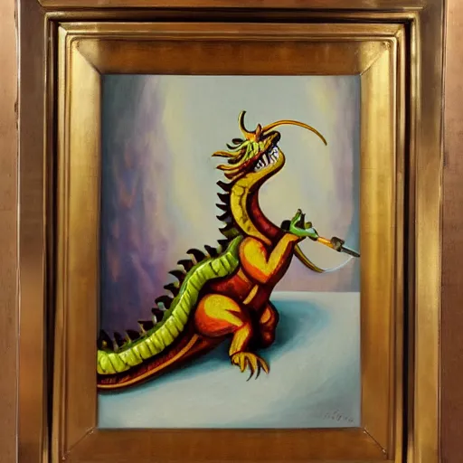 Prompt: art deco oil painting of a dragon smoking a cigar, intricate furniture, golden highlights