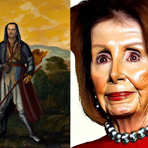 Prompt: nancy pelosi standing in front of 1 6 th century backdrop in the painting of vigo the carpathian. she ominously stares. painting by lou police for ghostbusters 2.