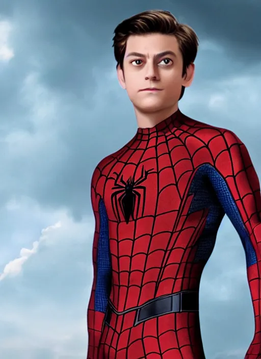 Prompt: very handsome peter parker looking at the camera with his spider suit removed to his waist